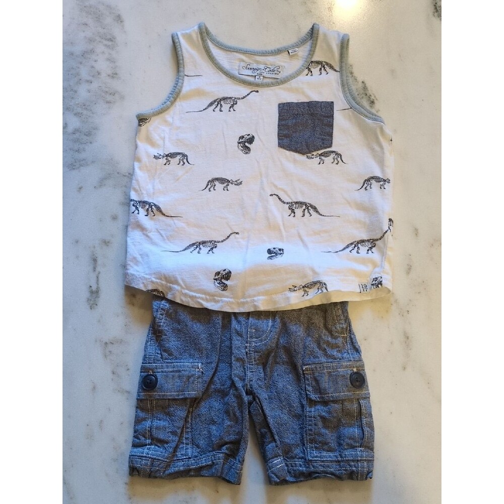Sovereign Code Dino Tank Sz 3/4 & Tea Collection Chambray Shorts Sz 3 Outfit EUC